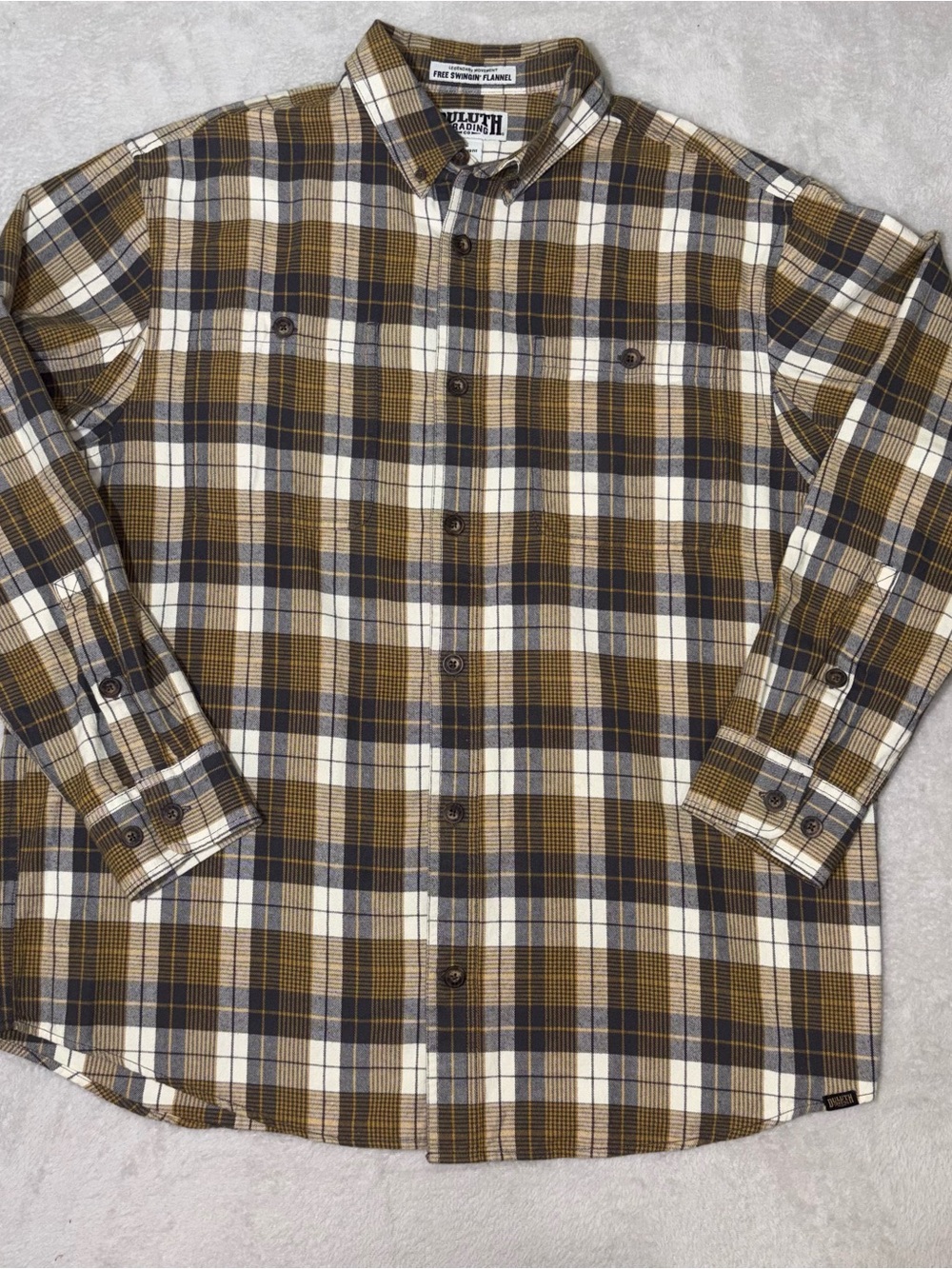 Duluth Trading Co Relaxed Fit Free Swingin Flannel Shirt Men L Yellow Cotton